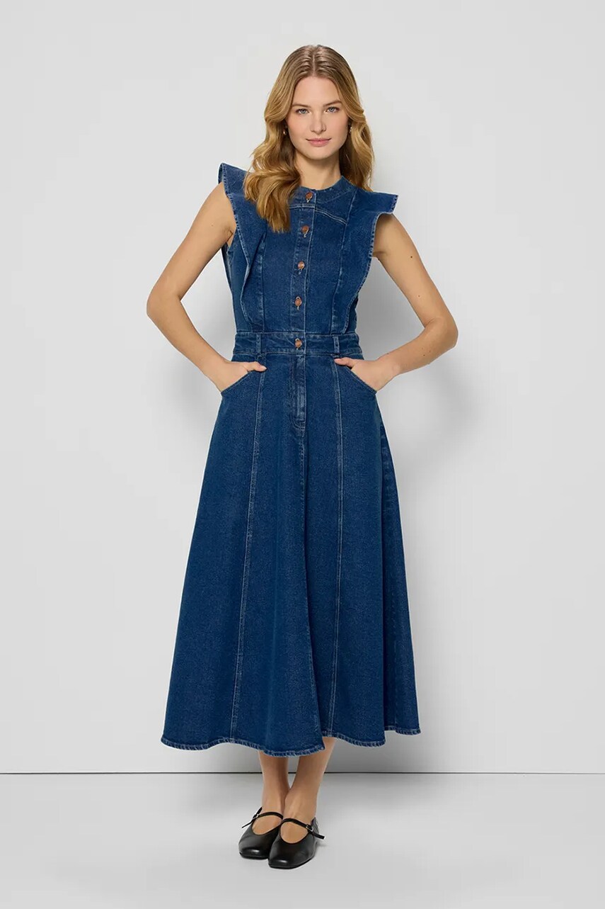 Bizuu rochie jeans AIDEN culoarea albastru marin, midi, evazati, AIDEN NIEBIESKI