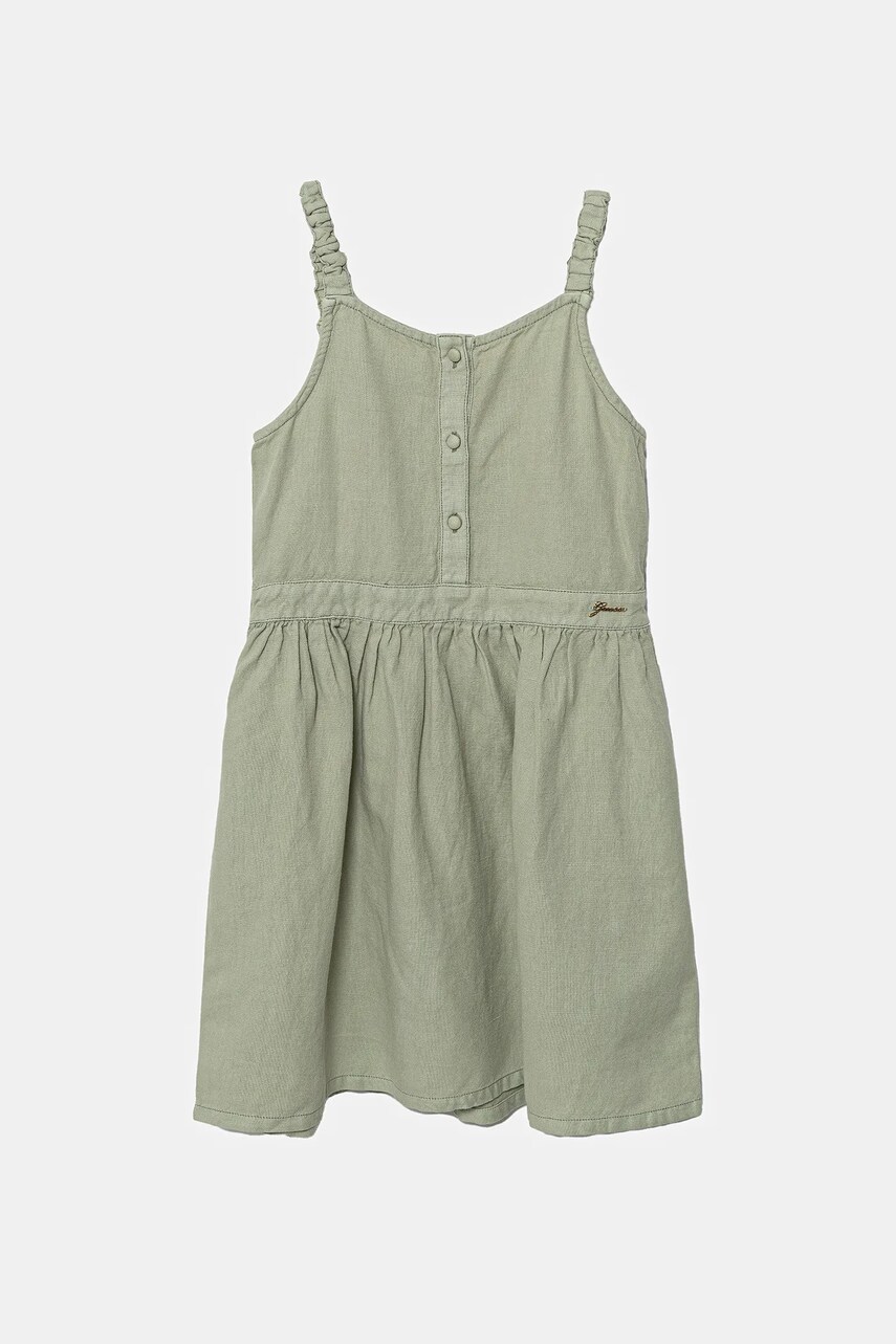 Levně Dětské šaty s příměsí lnu Guess zelená barva, mini, J5GK27 WG5G0