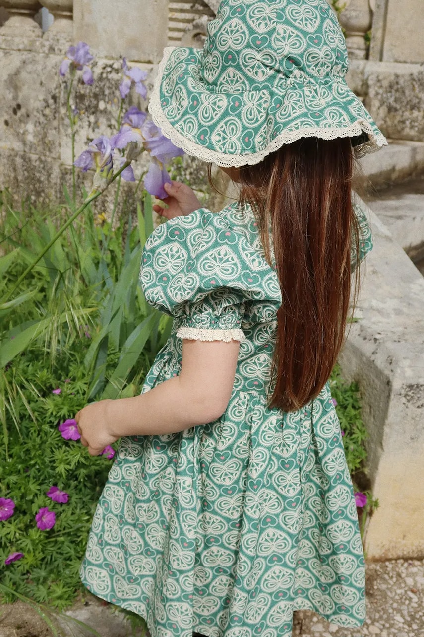 Konges Sløjd rochie din bumbac pentru copii COEUR LACE DRESS GOTS culoarea verde, mini, evazati, KS102650 Konges Sløjd rochie din bumbac pentru copii COEUR LACE DRESS GOTS culoarea verde, mini, evazati, KS102650