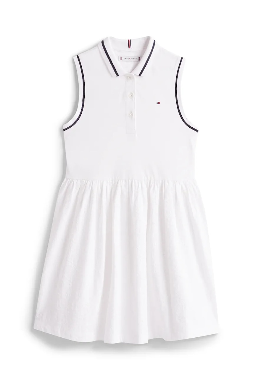 Хлопковое детское платье Tommy Hilfiger цвет белый mini расклешённое KG0KG08566 Хлопковое детское платье Tommy Hilfiger цвет белый mini расклешённое KG0KG08566