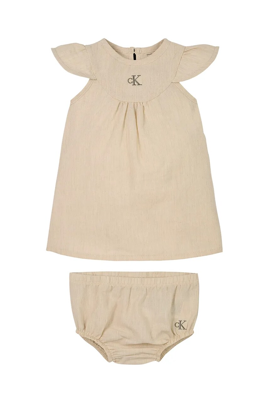 Levně Dětské šaty s příměsí lnu Calvin Klein Jeans béžová barva, mini, IN0IN00299