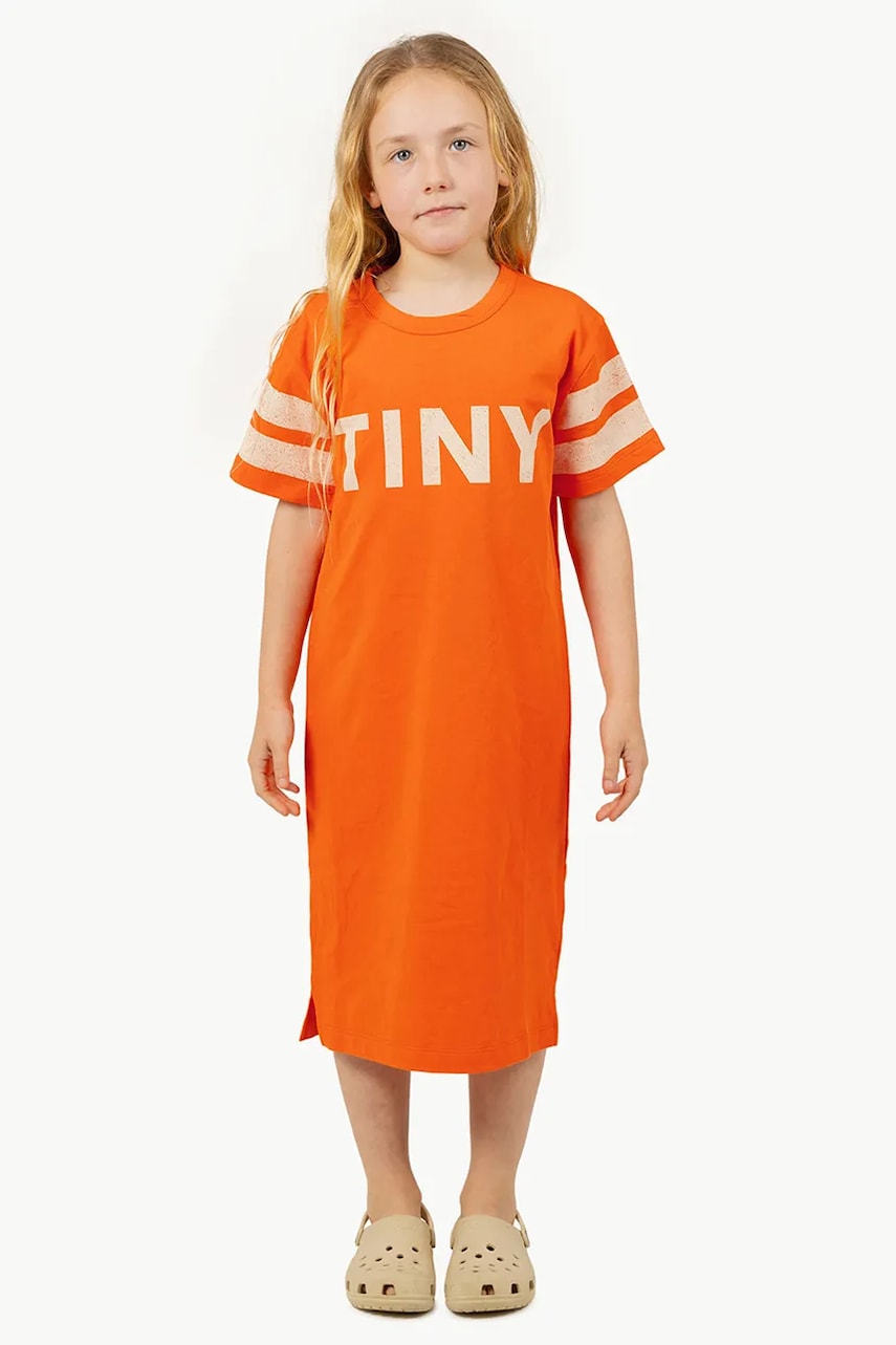 Tinycottons rochie din bumbac pentru copii STRIPES DRESS culoarea portocaliu, mini, drept, SS25-135 Tinycottons rochie din bumbac pentru copii STRIPES DRESS culoarea portocaliu, mini, drept, SS25-135