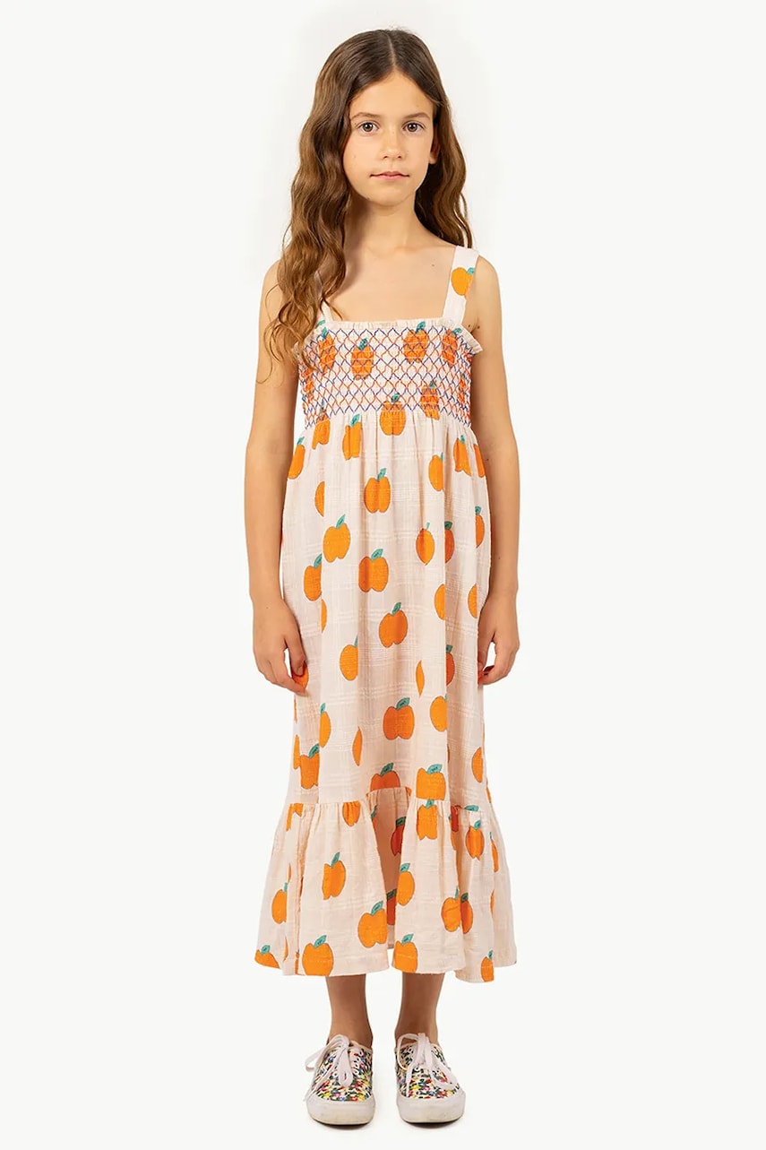 Tinycottons rochie din bumbac pentru copii APPLES DRESS culoarea bej, midi, drept, SS25-162 Tinycottons rochie din bumbac pentru copii APPLES DRESS culoarea bej, midi, drept, SS25-162