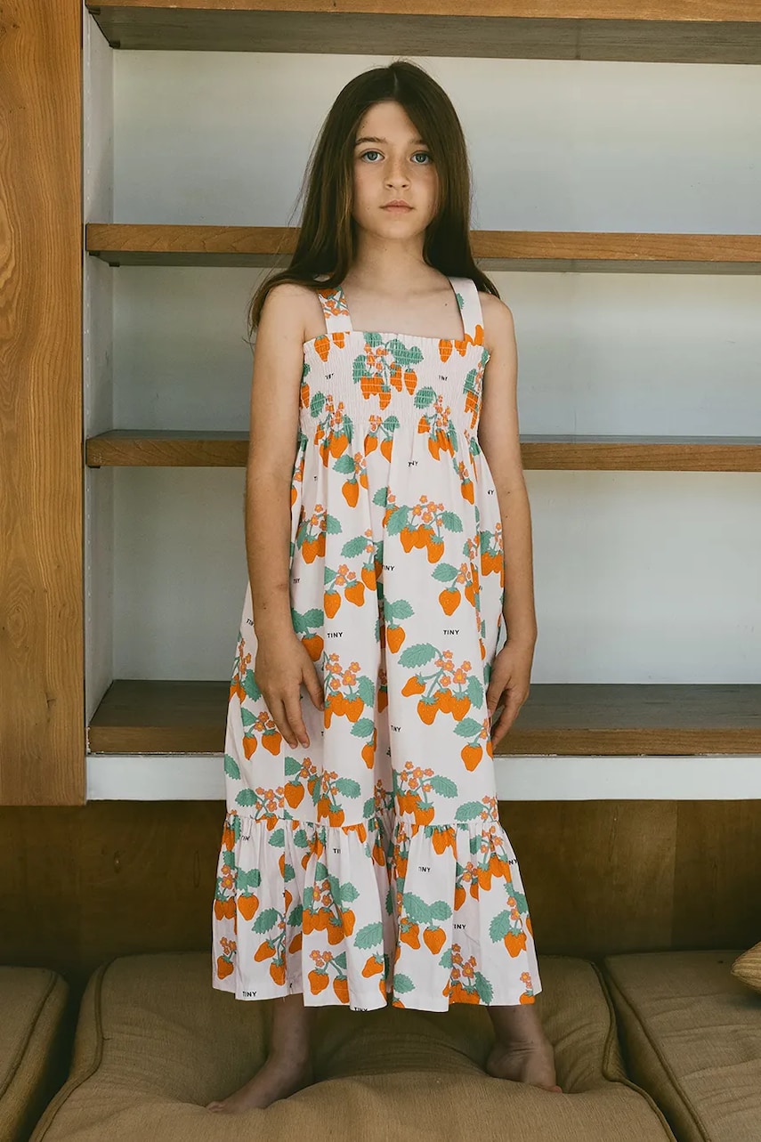 Tinycottons rochie din bumbac pentru copii STRAWBERRIES WOVEN DRESS culoarea roz, midi, drept, SS25-166 Tinycottons rochie din bumbac pentru copii STRAWBERRIES WOVEN DRESS culoarea roz, midi, drept, SS25-166