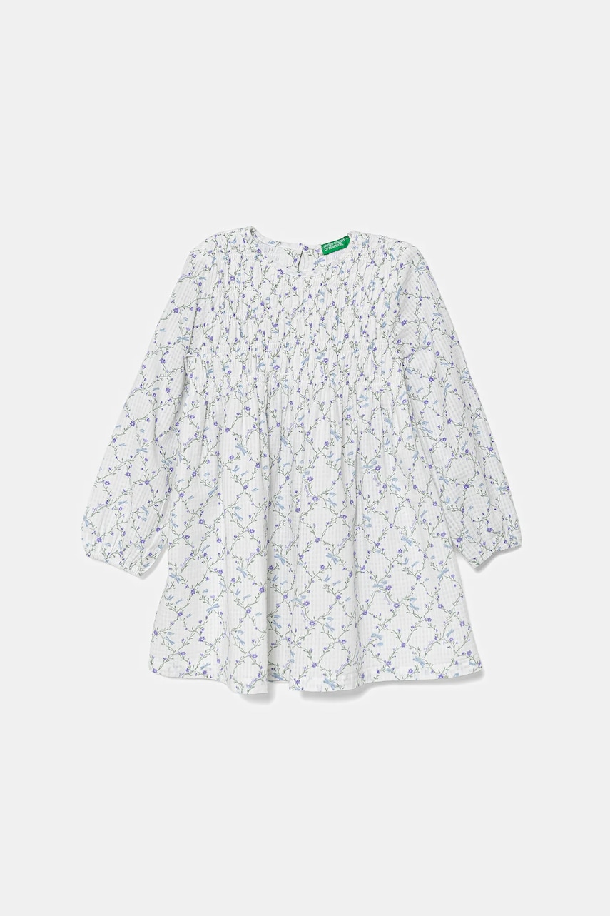 United Colors of Benetton rochie din bumbac pentru copii culoarea alb, midi, evazati, 40VFGV028 United Colors of Benetton rochie din bumbac pentru copii culoarea alb, midi, evazati, 40VFGV028