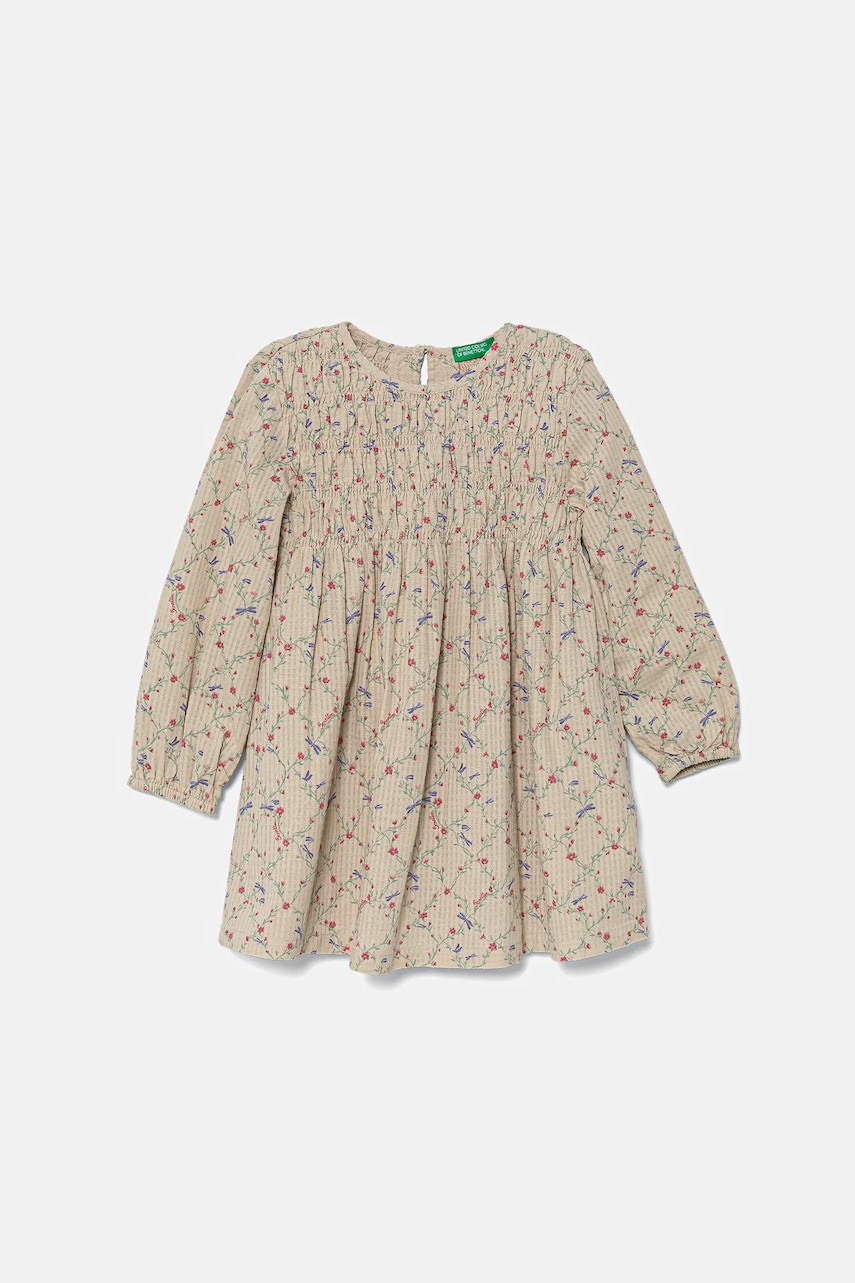 United Colors of Benetton rochie din bumbac pentru copii culoarea bej, midi, evazată, 40VFGV028
