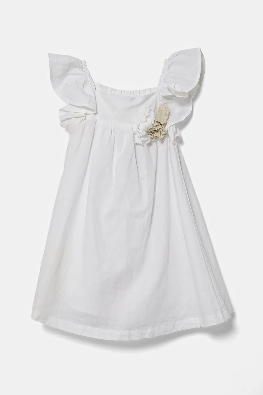 United Colors of Benetton rochie din in pentru copii culoarea alb, mini, evazată, 43WBGV026