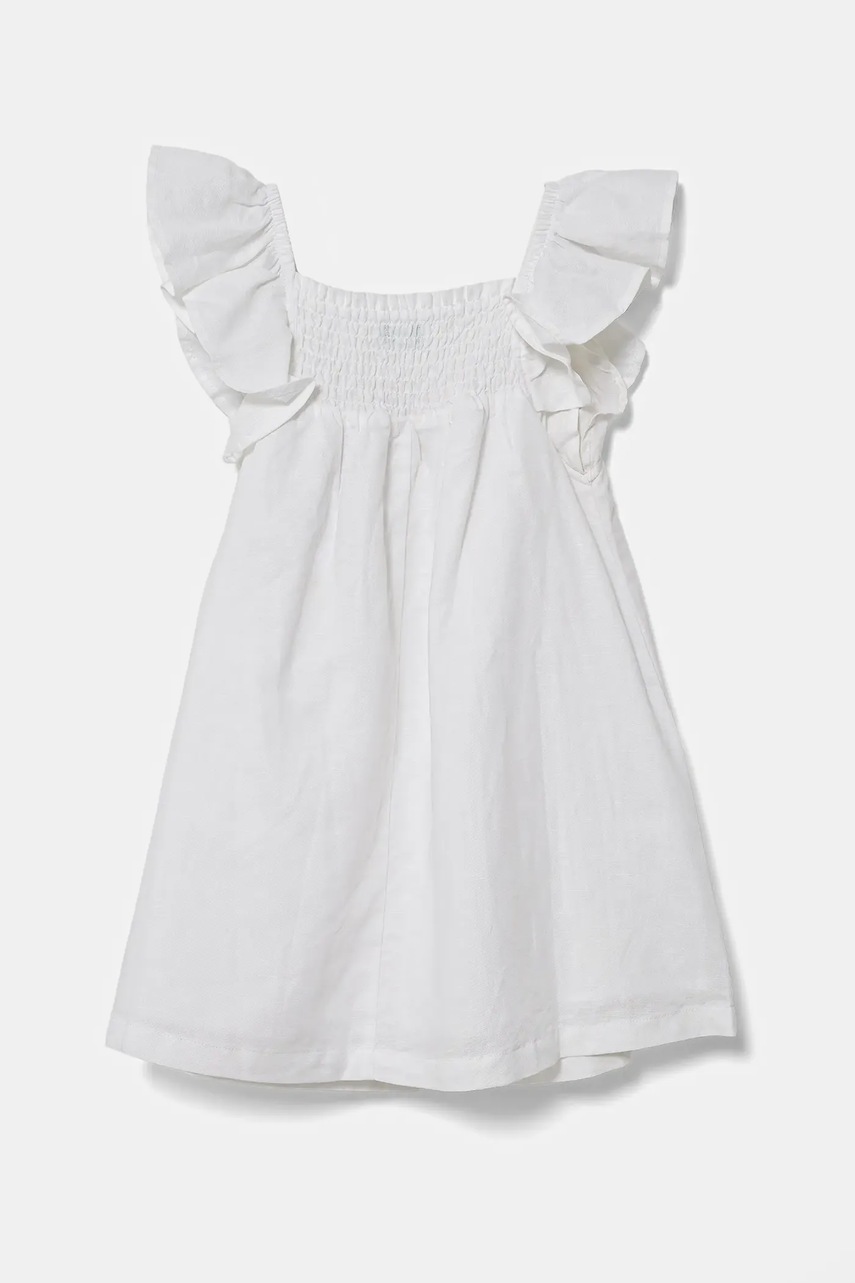 Детское льняное платье United Colors of Benetton цвет белый mini расклешённое 43WBGV026 Детское льняное платье United Colors of Benetton цвет белый mini расклешённое 43WBGV026