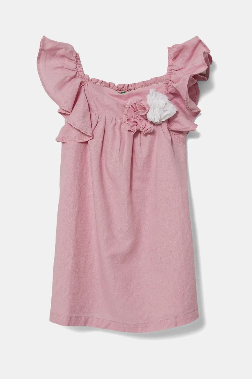 United Colors of Benetton rochie din in pentru copii culoarea roz, mini, evazată, 43WBGV026 United Colors of Benetton rochie din in pentru copii culoarea roz, mini, evazată, 43WBGV026