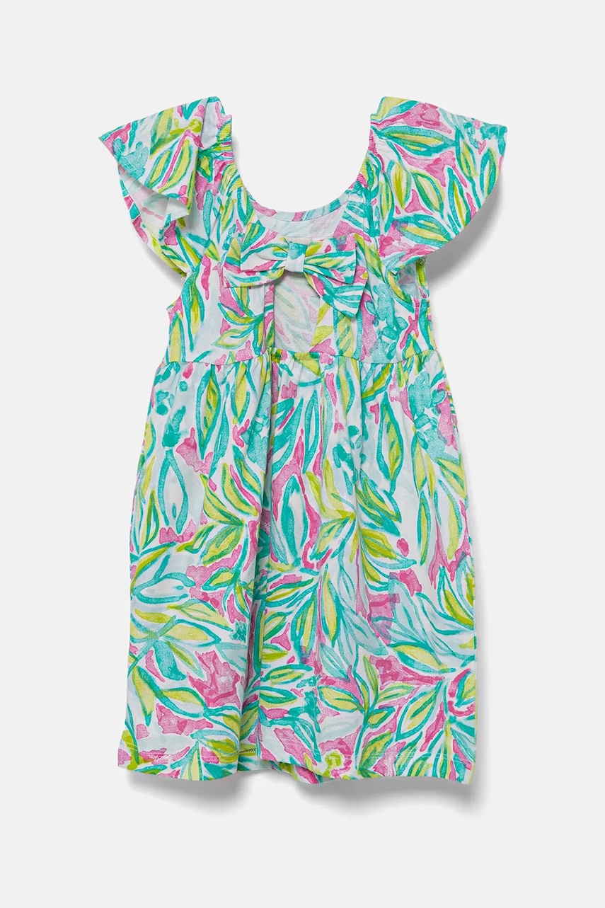 Хлопковое детское платье United Colors of Benetton цвет зелёный mini расклешённое 34VAGV010 Хлопковое детское платье United Colors of Benetton цвет зелёный mini расклешённое 34VAGV010