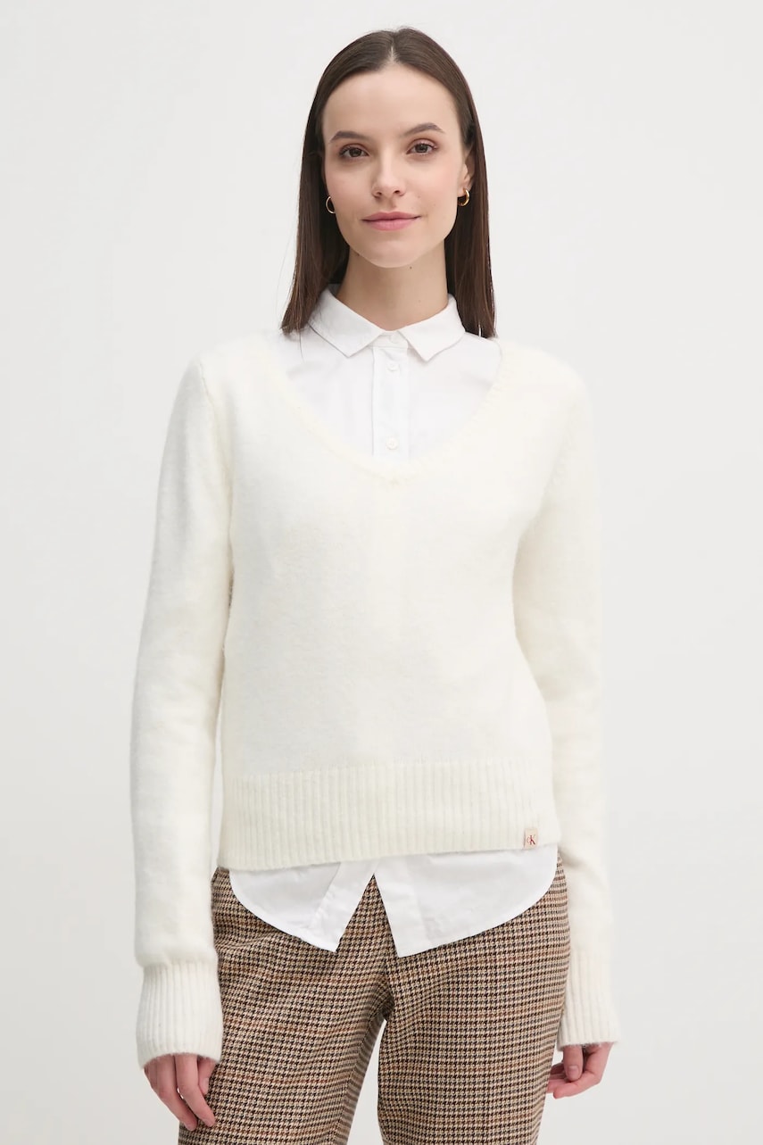 Levně Svetr z vlněné směsi Calvin Klein Jeans dámský, bílá barva, J20J224801