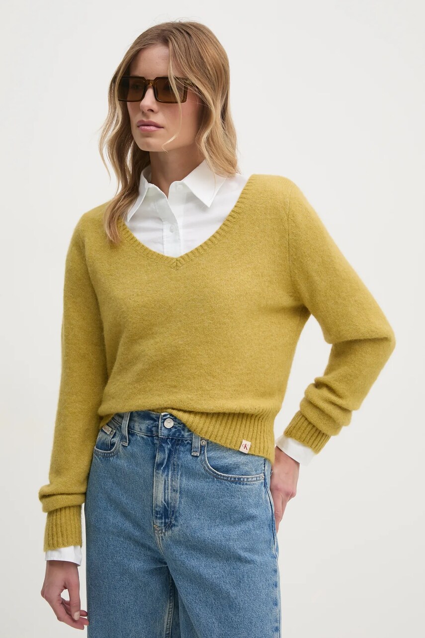 Levně Svetr z vlněné směsi Calvin Klein Jeans dámský, zelená barva, J20J224801