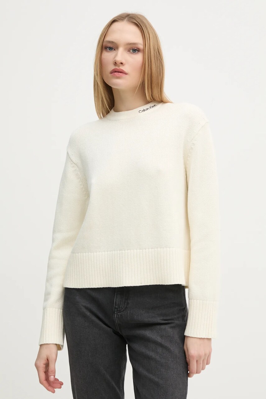 Levně Svetr z vlněné směsi Calvin Klein Jeans dámský, béžová barva, J20J225073