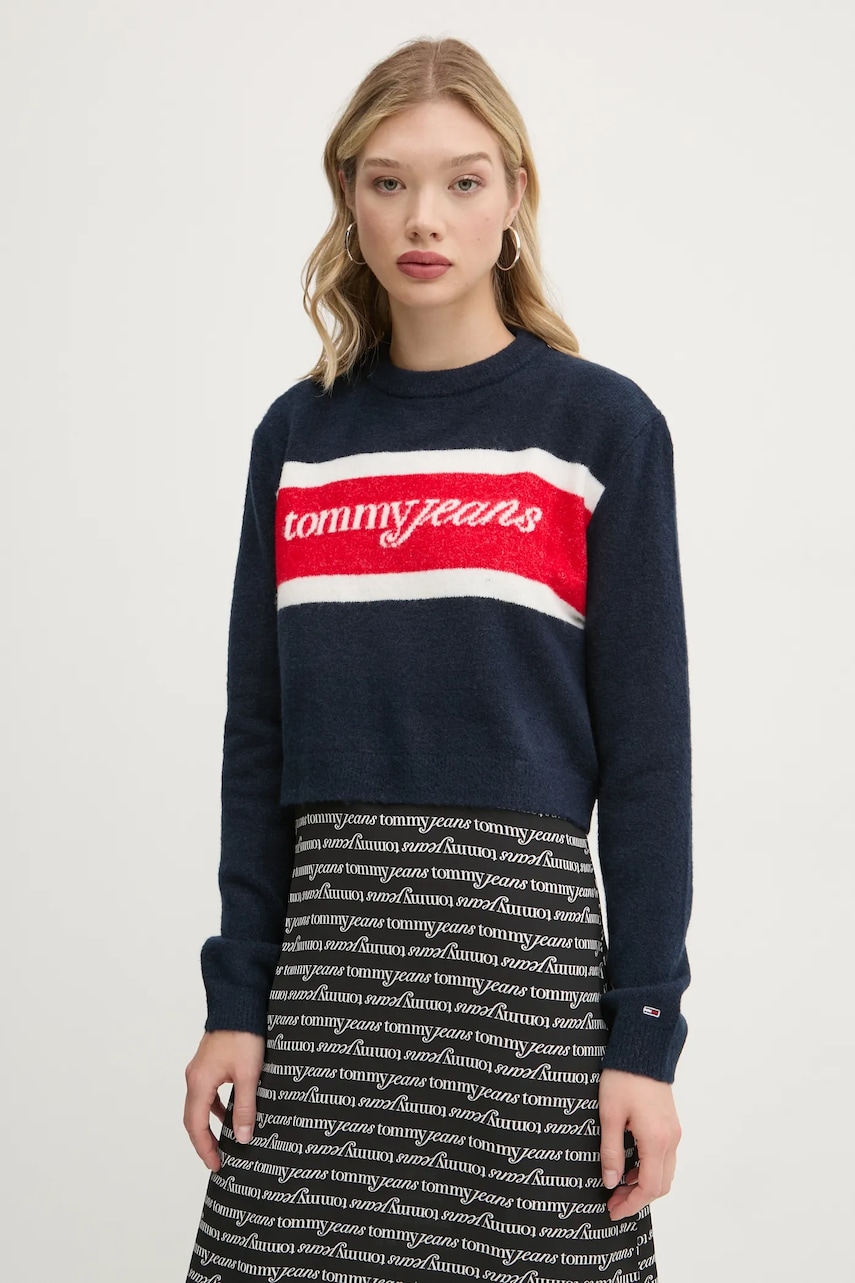 Tommy Jeans pulover din amestec de lana femei, culoarea albastru marin, DW0DW19341 Tommy Jeans pulover din amestec de lana femei, culoarea albastru marin, DW0DW19341