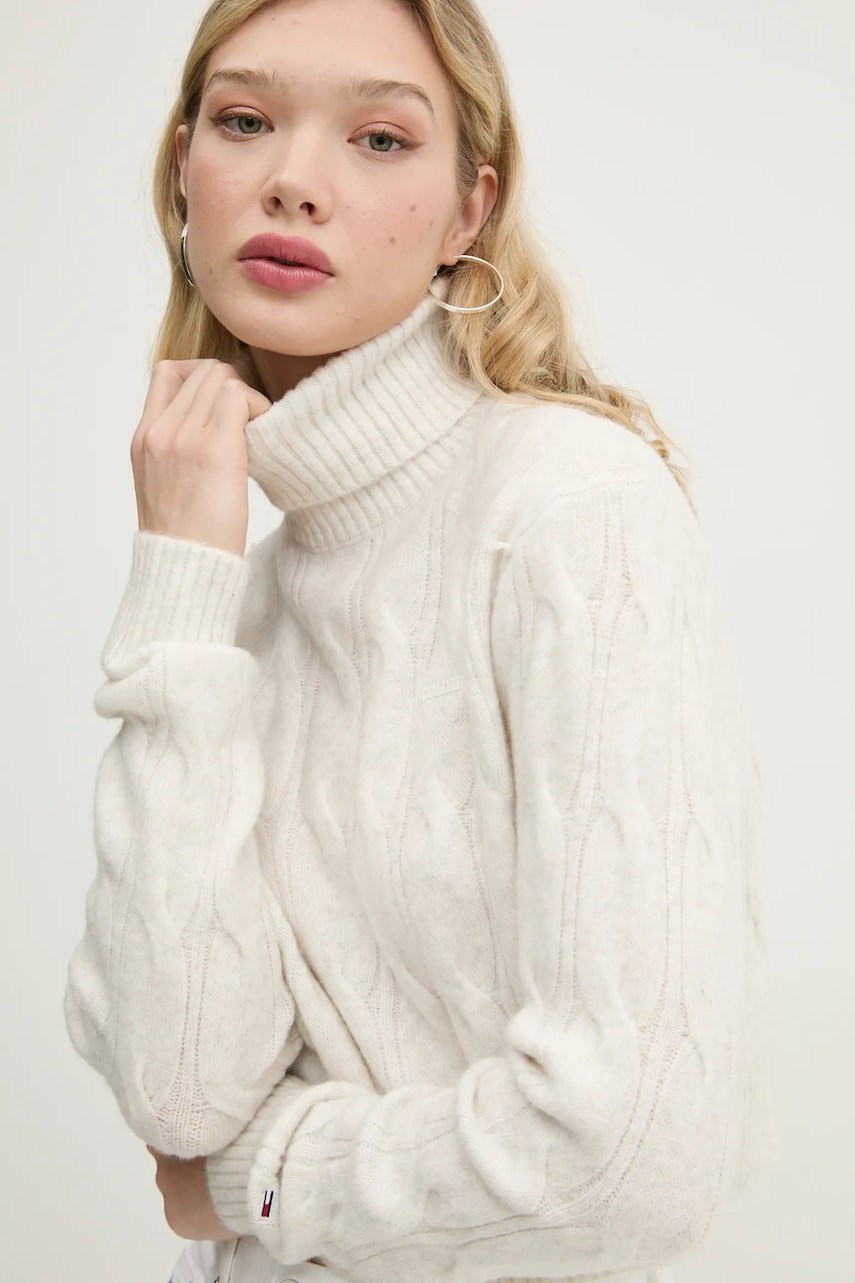 Tommy Jeans pulover din amestec de lana femei, culoarea bej, cu guler, DW0DW19389 Tommy Jeans pulover din amestec de lana femei, culoarea bej, cu guler, DW0DW19389