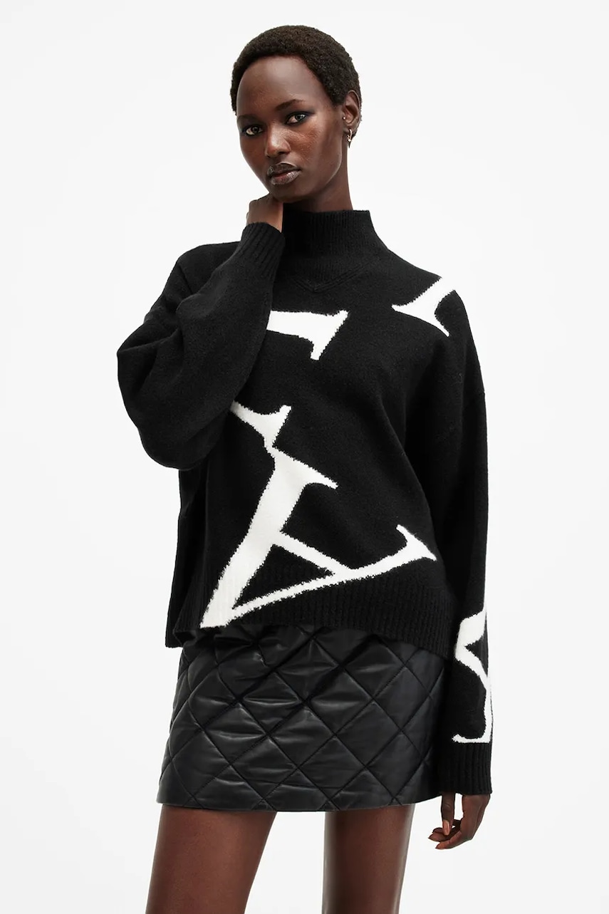AllSaints pulover din amestec de lana A STAR femei, culoarea negru, cu guler, W149KB AllSaints pulover din amestec de lana A STAR femei, culoarea negru, cu guler, W149KB