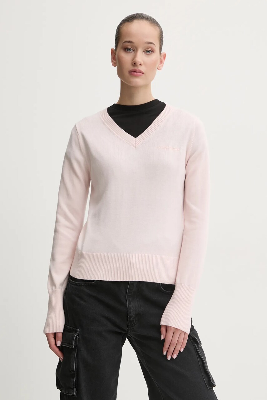 Levně Svetr z hedvábné směsi Guess Jeans růžová barva, lehký, W4BR84 Z3HO2
