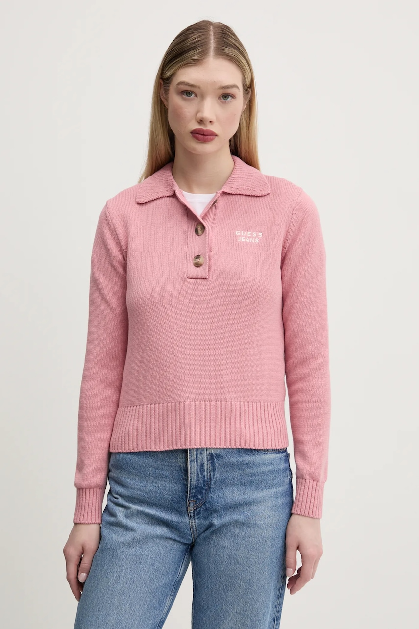 Levně Bavlněný svetr Guess Jeans dámský, růžová barva, W5RR47 Z3HM1