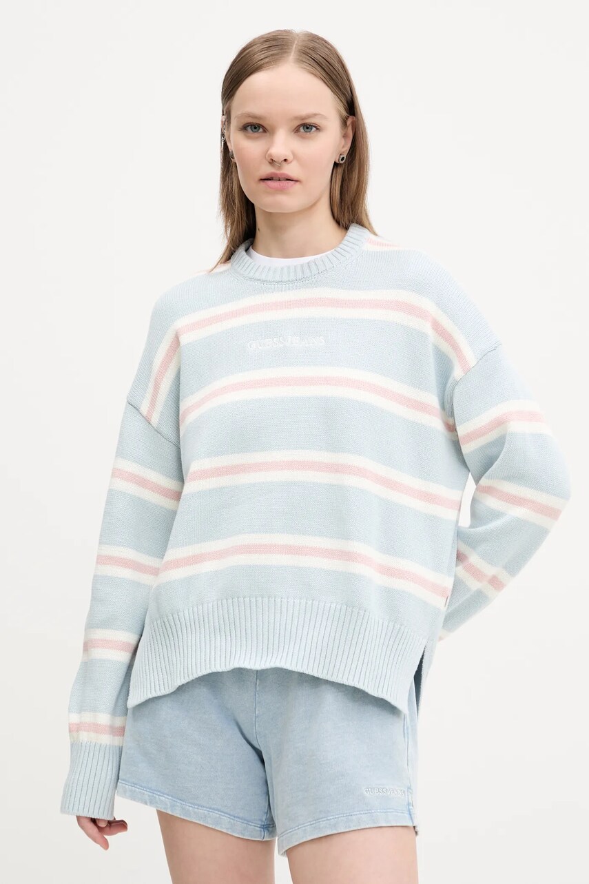 Levně Bavlněný svetr Guess Jeans modrá barva, lehký, W4BR09 Z3HM1