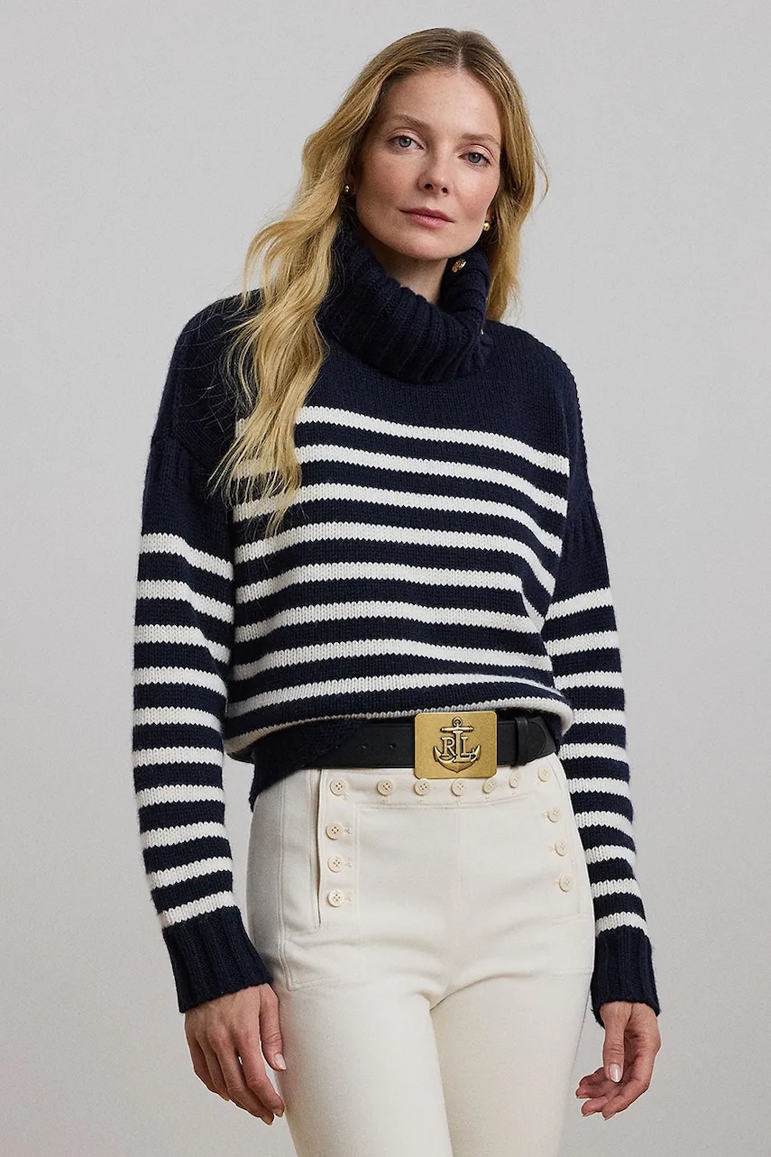 Levně Vlněný svetr Lauren Ralph Lauren dámský, tmavomodrá barva, hřejivý, s golfem, 200957456
