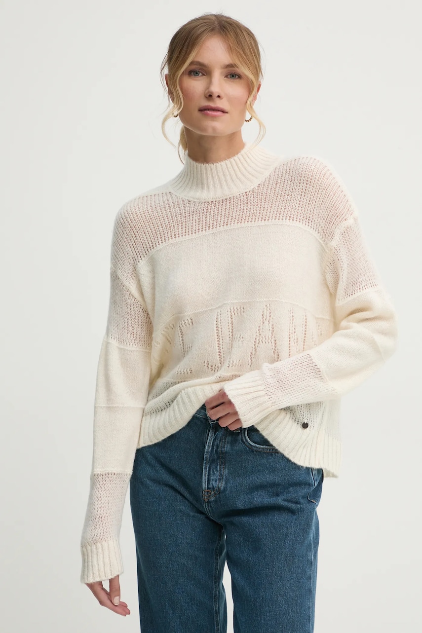 Levně Svetr z vlněné směsi Pepe Jeans NAOMI dámský, béžová barva, s pologolfem, PL702243