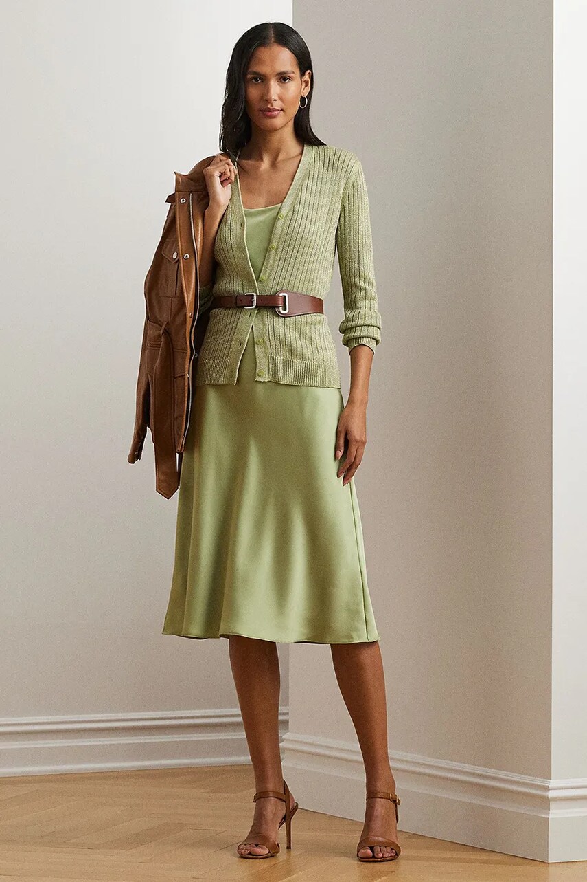 Levně Kardigan se lněnou směsí Lauren Ralph Lauren zelená barva, 200963627