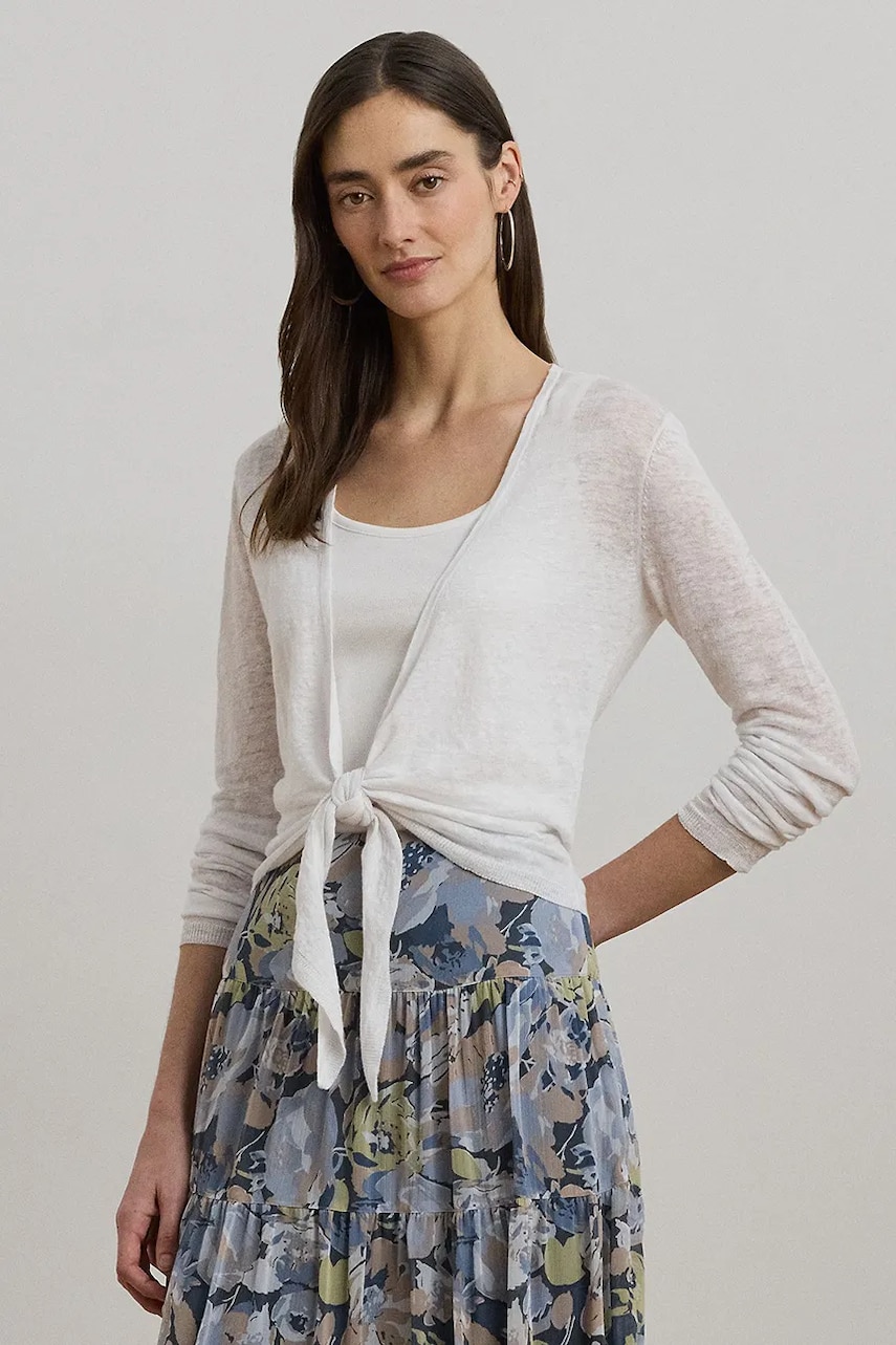 Levně Lněný kardigan Lauren Ralph Lauren bílá barva, 200963665