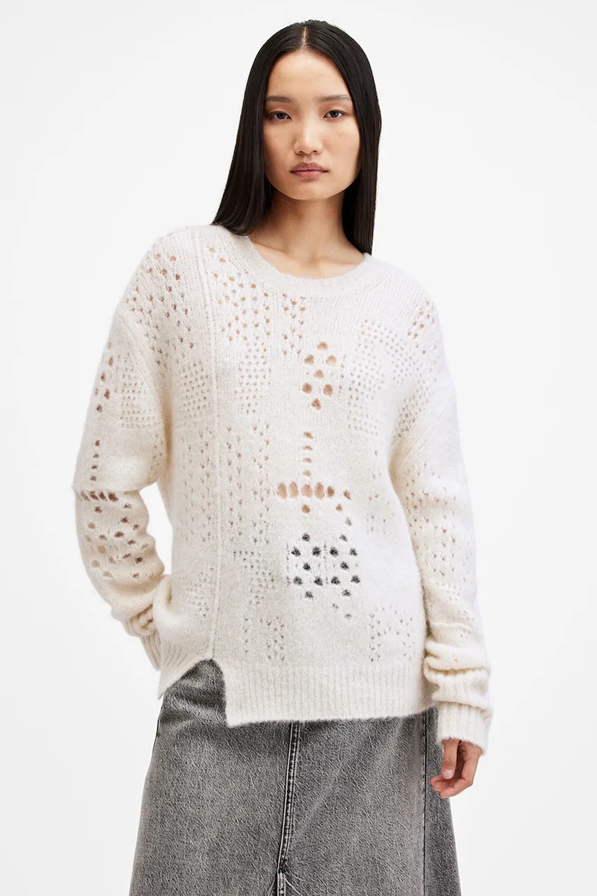 AllSaints pulover de lână WINNIE femei, culoarea alb, călduros, W111KB