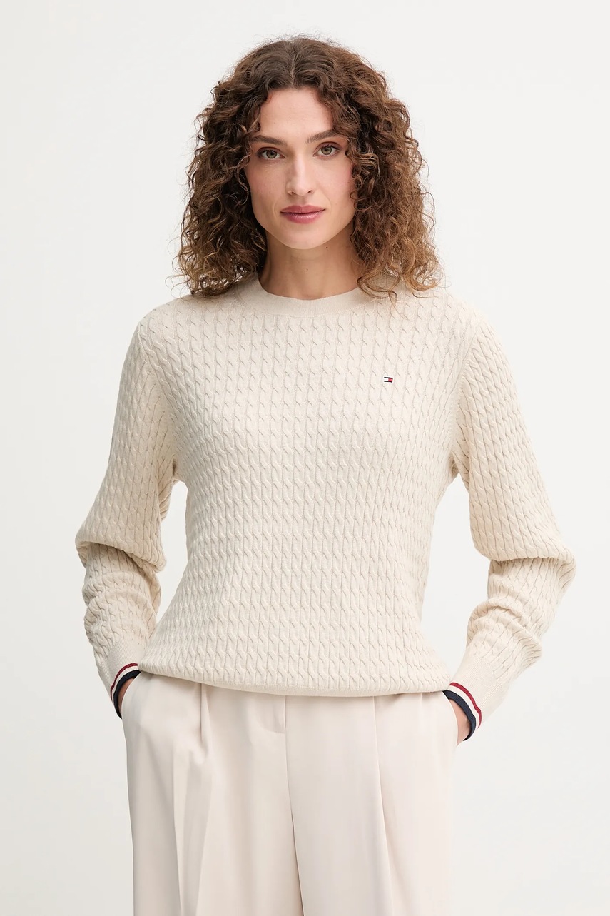 

Памучен пуловер Tommy Hilfiger в бежово от лека материя WW0WW44993, Бежов