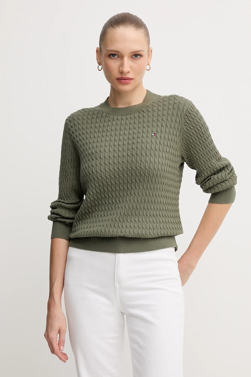 

Памучен пуловер Tommy Hilfiger в бежово от лека материя WW0WW44993, Зелен