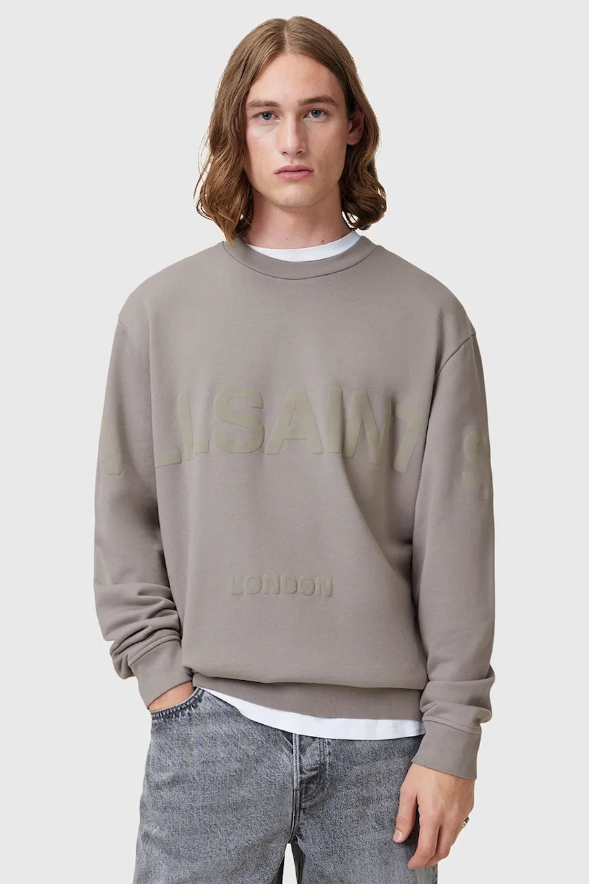 AllSaints hanorac de bumbac BIGGY barbati, culoarea bej, cu imprimeu, M029NA