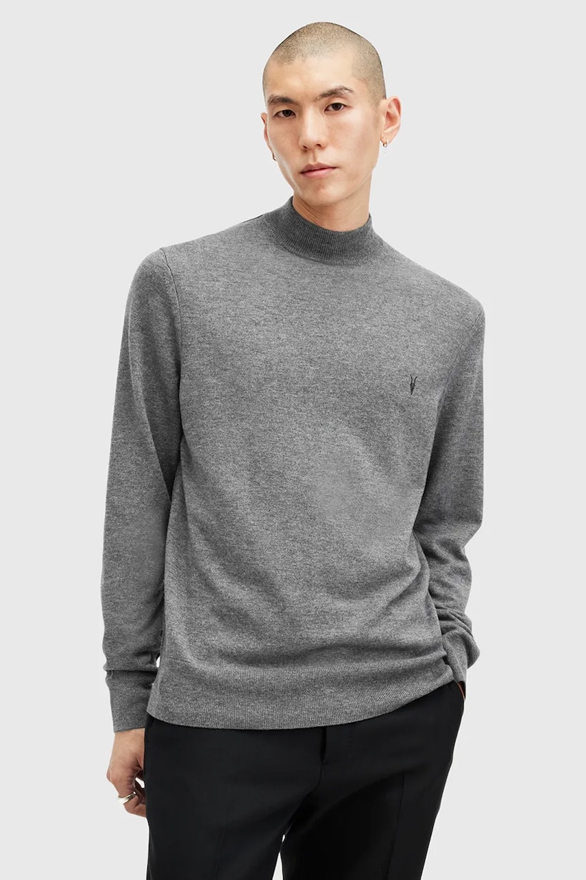 AllSaints pulover de lana KILBURN MOCK barbati, culoarea negru, cu turtleneck, M030KA AllSaints pulover de lana KILBURN MOCK barbati, culoarea negru, cu turtleneck, M030KA