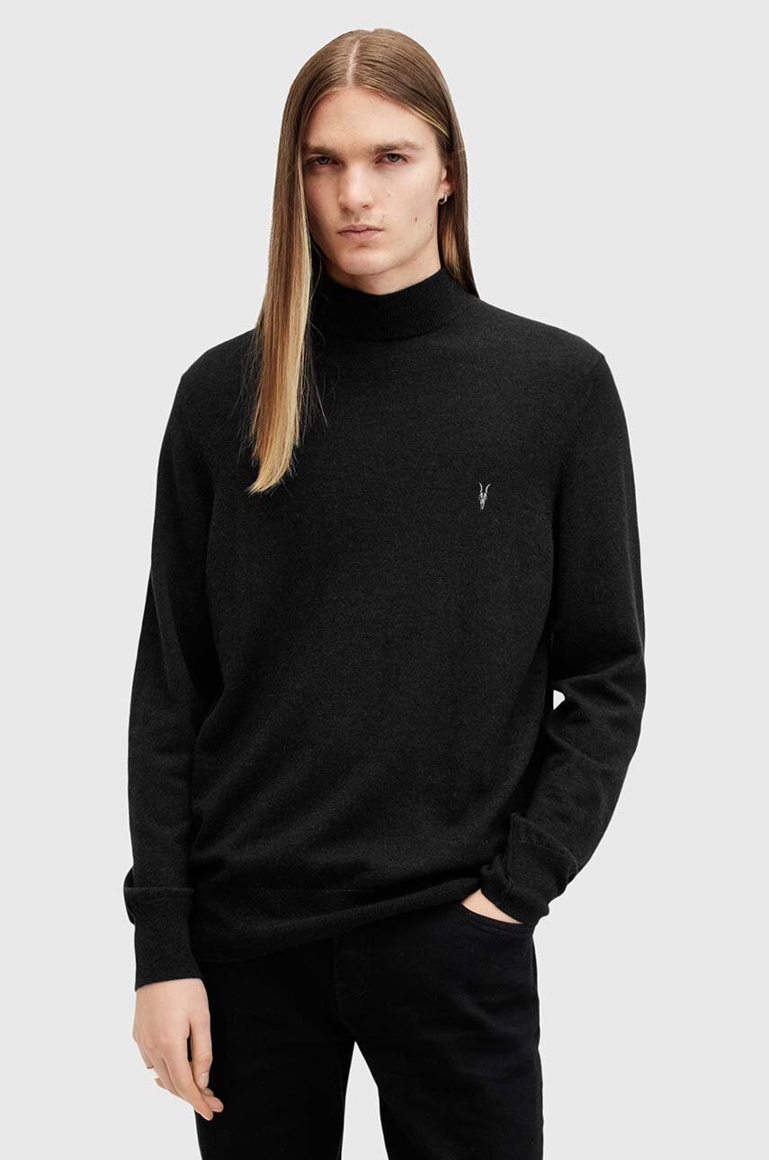 AllSaints pulover de lana KILBURN MOCK barbati, culoarea negru, cu turtleneck, M030KA AllSaints pulover de lana KILBURN MOCK barbati, culoarea negru, cu turtleneck, M030KA