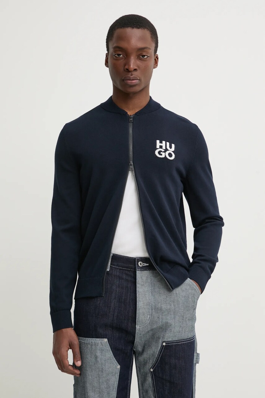 HUGO cardigan din bumbac culoarea albastru marin, 50531819