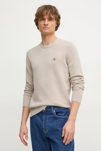 Levně Bavlněný svetr Calvin Klein Jeans béžová barva, lehký, J30J326745