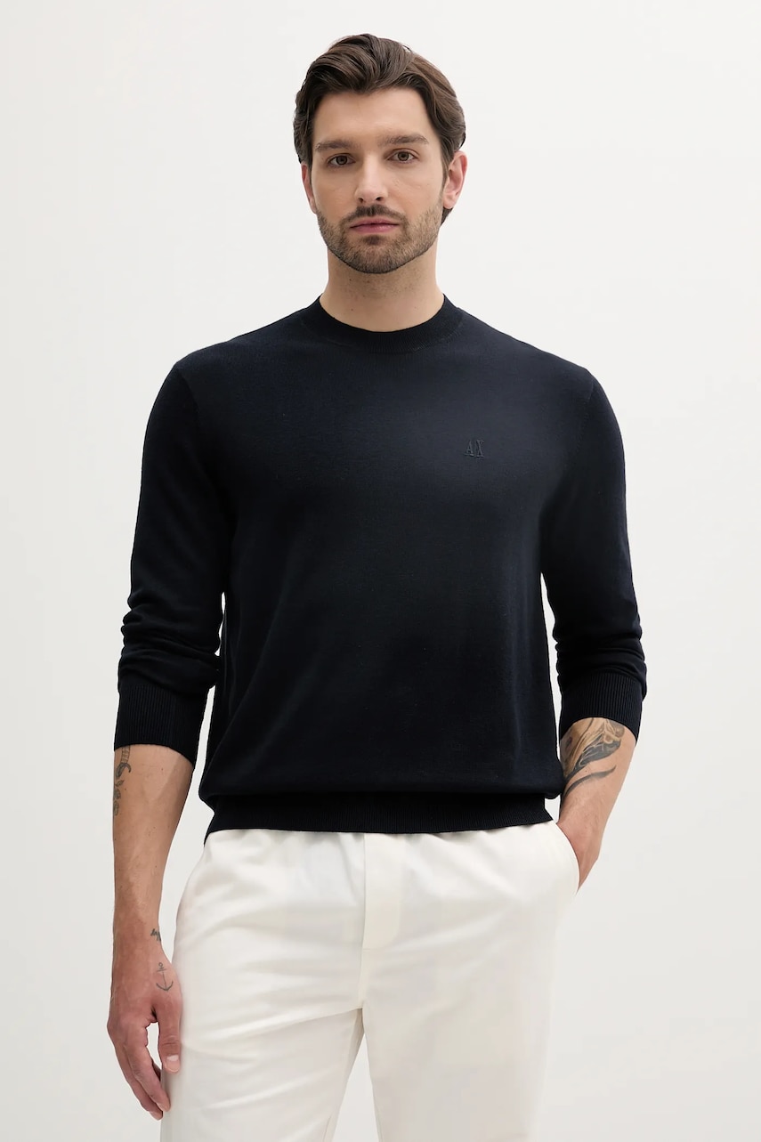 Armani Exchange pulover din amestec de matase barbati, culoarea albastru marin, light, XM000338 AF12291