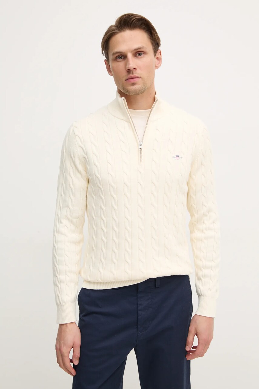 Gant pulover de bumbac culoarea bej, light, cu turtleneck, 8050603 Gant pulover de bumbac culoarea bej, light, cu turtleneck, 8050603