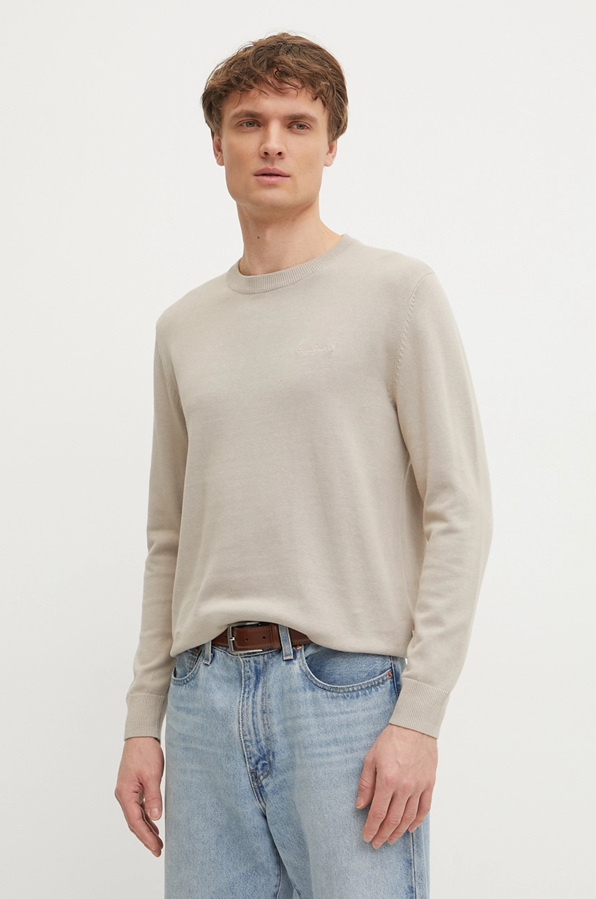 Pepe Jeans pulover de bumbac ESSENTIAL COTTON SWEATER barbati, culoarea bej, light, PM702512 Pepe Jeans pulover de bumbac ESSENTIAL COTTON SWEATER barbati, culoarea bej, light, PM702512