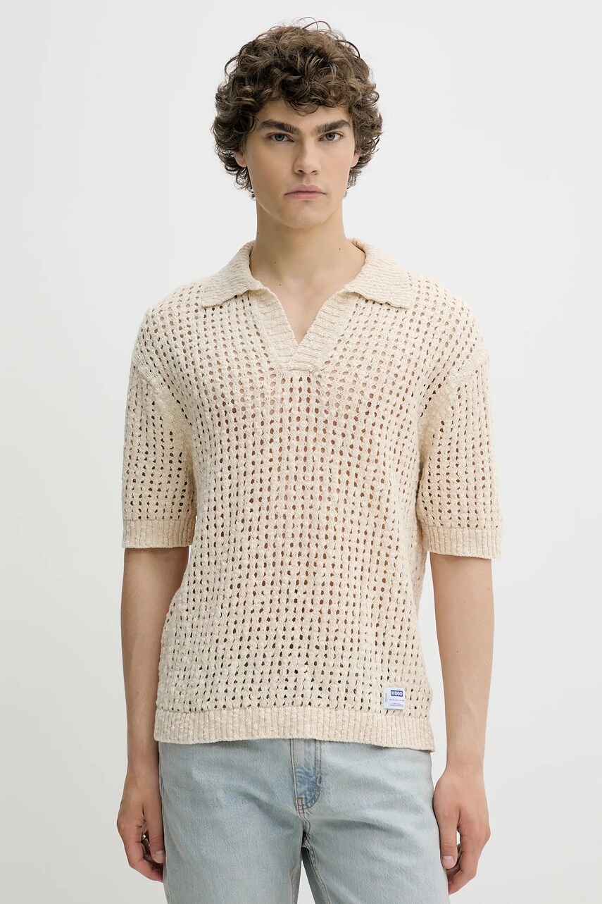 Hugo Blue polo de bumbac culoarea bej, uni, 50536679