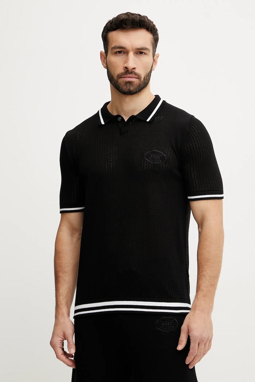BOSS Green tricou polo barbati, culoarea negru, cu imprimeu, 50537263 BOSS Green tricou polo barbati, culoarea negru, cu imprimeu, 50537263