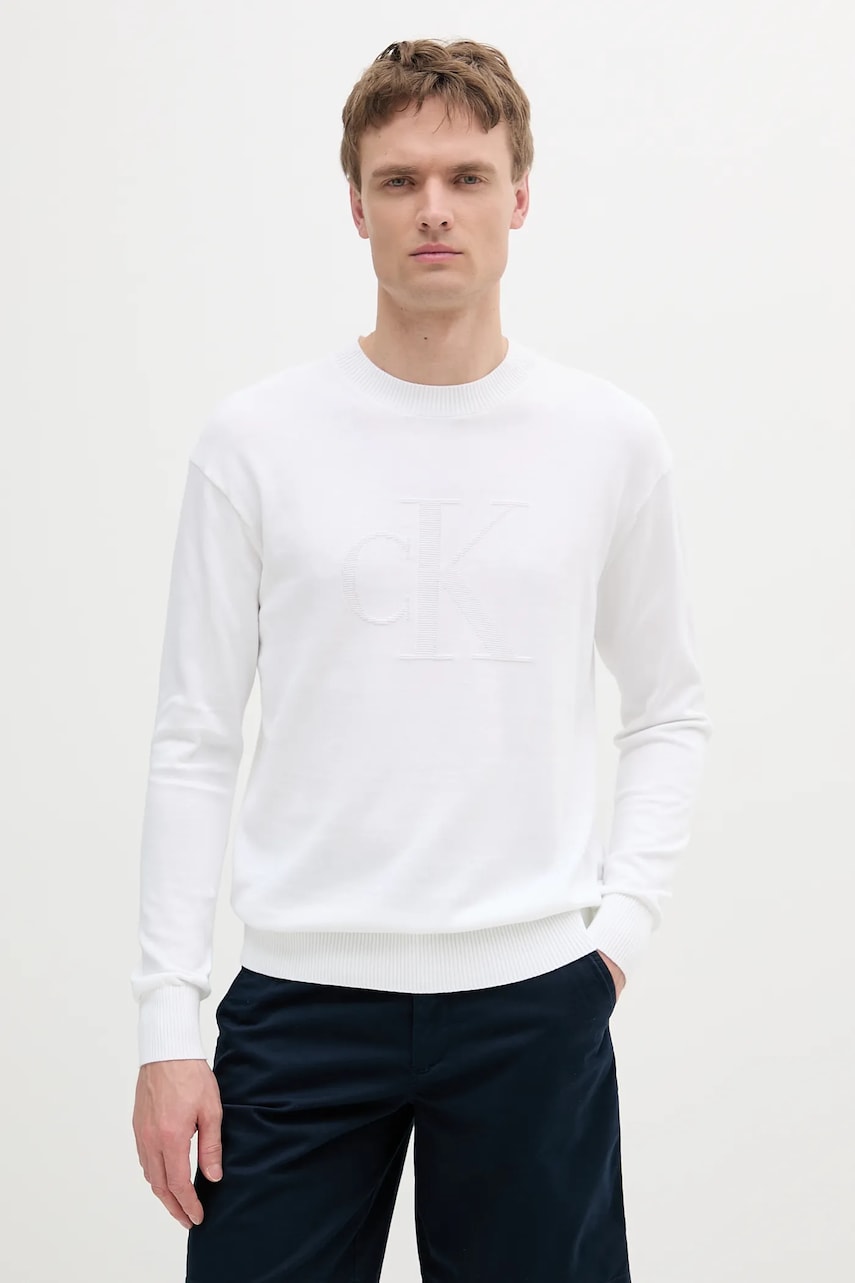 Levně Bavlněný svetr Calvin Klein Jeans pánský, béžová barva, J30J327278