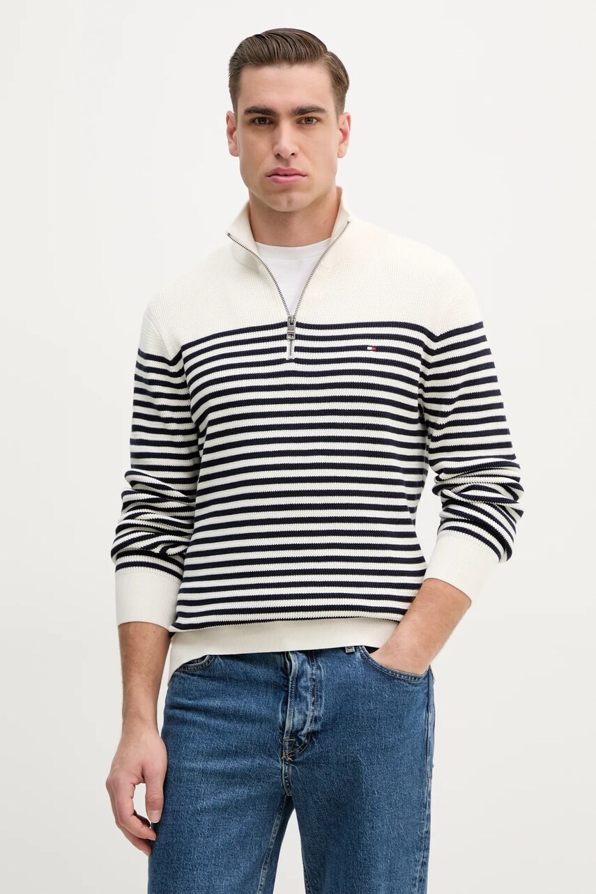 Bavlněný svetr Tommy Hilfiger pánský, béžová barva, s pologolfem, MW0MW38601