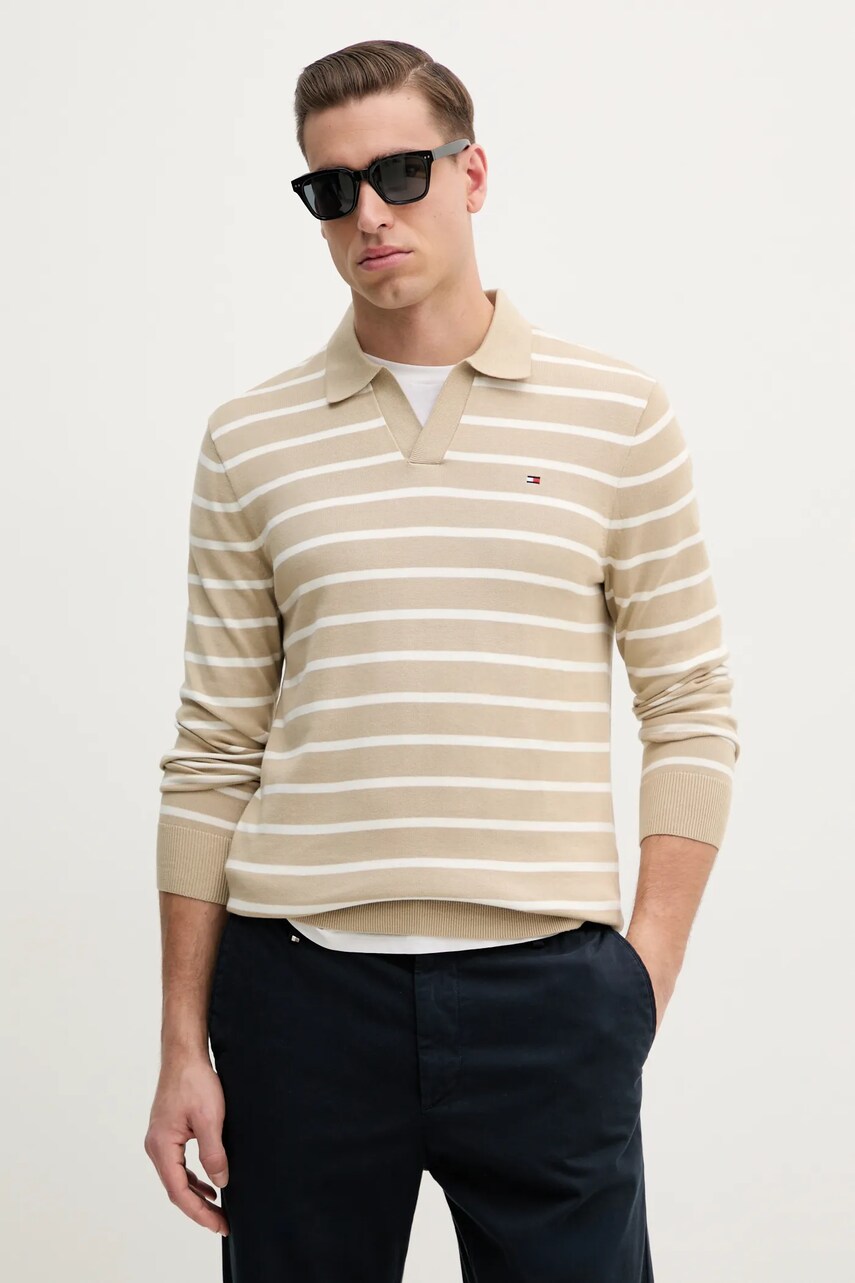 Levně Bavlněný svetr Tommy Hilfiger pánský, béžová barva, lehký, MW0MW38609