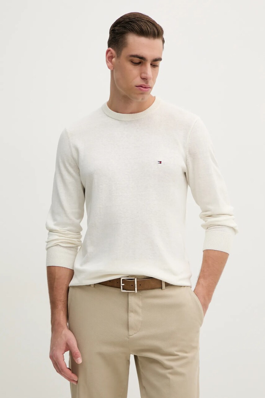 Levně Svetr s příměsí lnu Tommy Hilfiger pánský, béžová barva, lehký, MW0MW38603