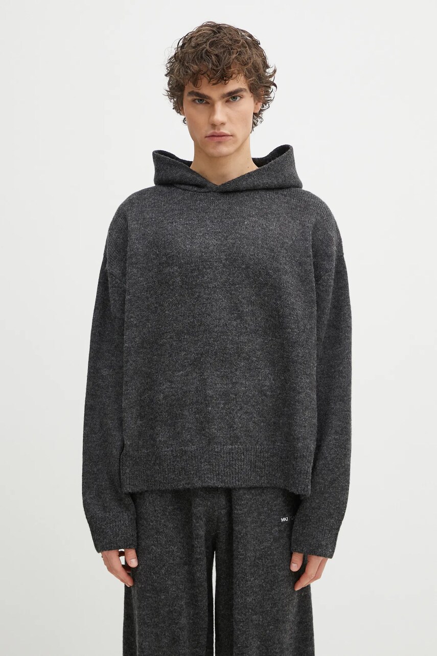 MKI MIYUKI ZOKU pulover din amestec de lana Mohair Blend Knit Hoody barbati, culoarea gri, MOHAIR.BLEND.KNIT.HO.BL