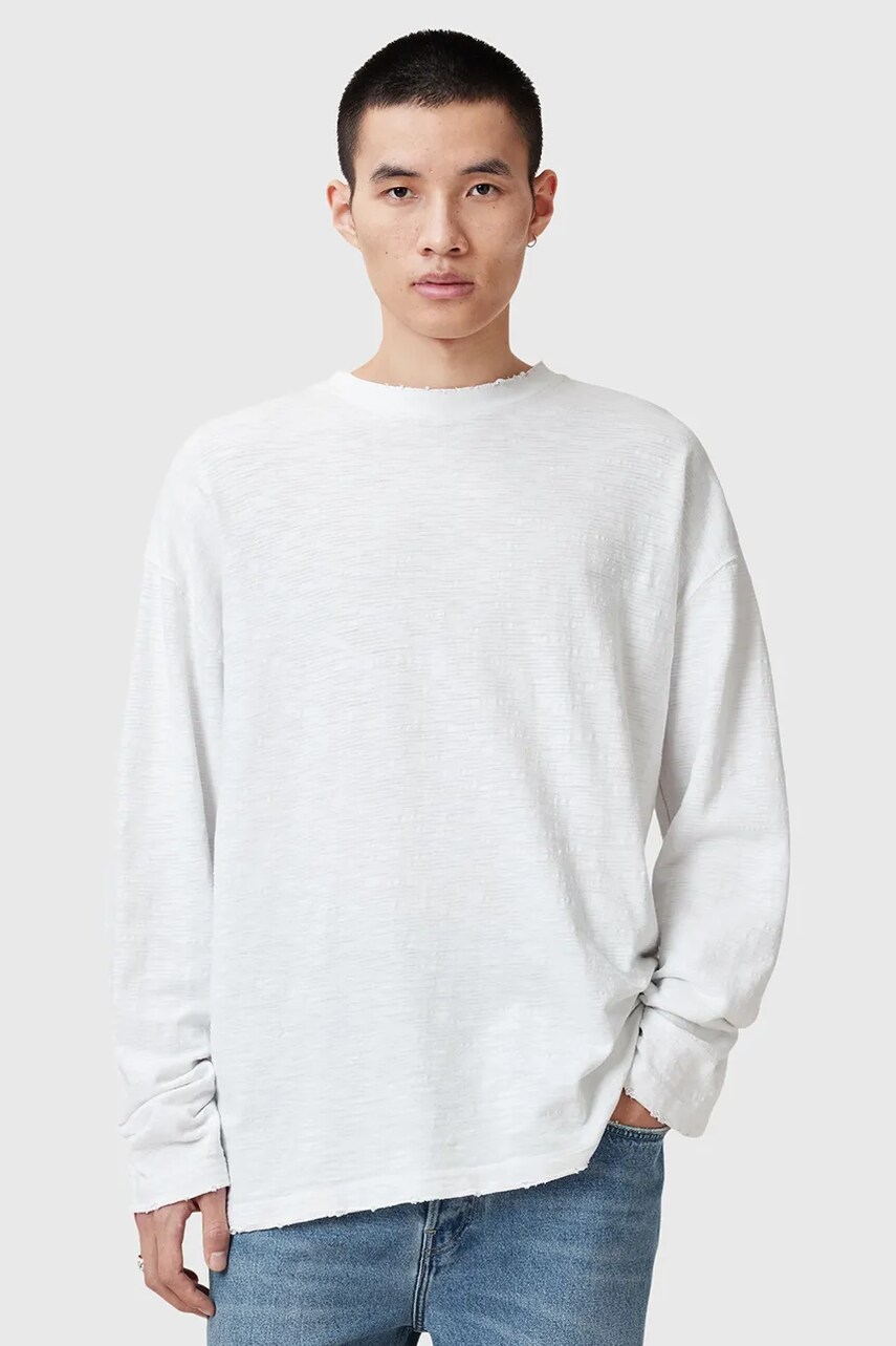 AllSaints longsleeve din bumbac FOSTER barbati, culoarea alb, neted, M026JC AllSaints longsleeve din bumbac FOSTER barbati, culoarea alb, neted, M026JC