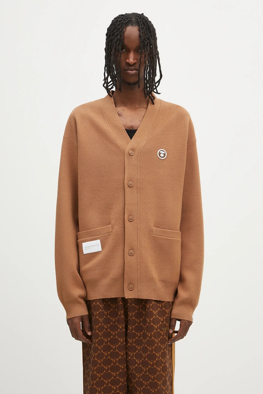 Kardigan AAPE Now Knit pánský, hnědá barva, AAPKNMB335XXN