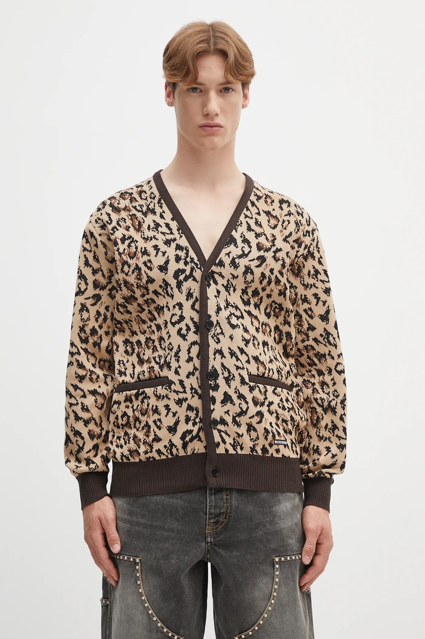 Bavlněný kardigan Wacko Maria leopard jacquard pánský, béžová barva, 25SS-WMK-KN14