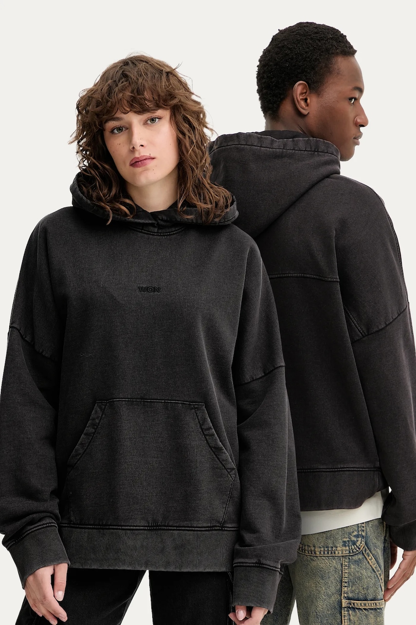 Won Hundred hanorac de bumbac culoarea negru, cu glugă, cu imprimeu, 3725-12087