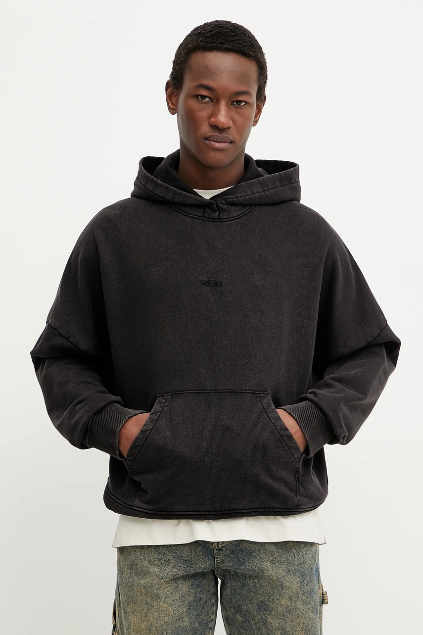 Won Hundred hanorac de bumbac culoarea negru, cu glugă, cu imprimeu, 3725-12087